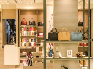 Chic boutique with a variety of handbags and shoes elegantly displayed on shelves.