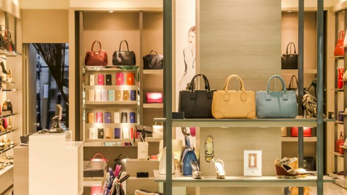 Chic boutique with a variety of handbags and shoes elegantly displayed on shelves.